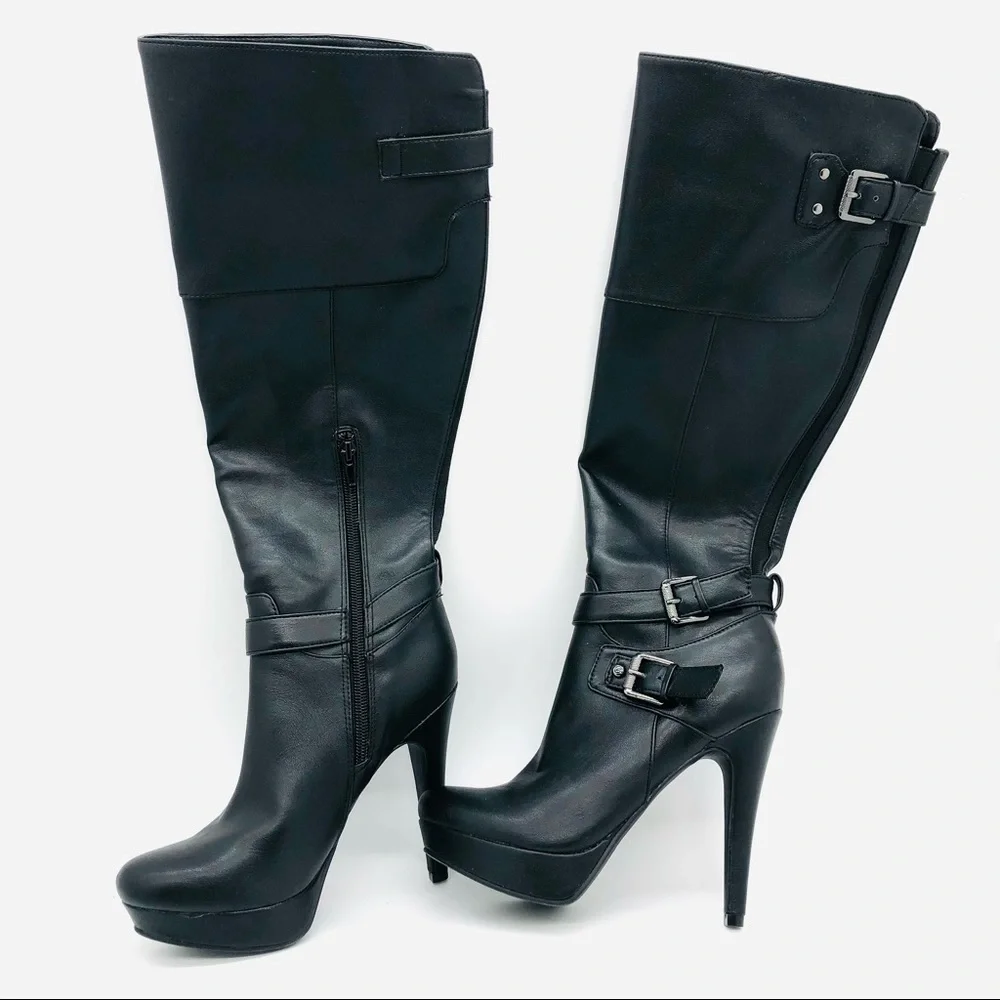 G by Guess Black High Heeled Leather Boots Knee High Buckle 6.5 M barely used - Picture 3 of 9